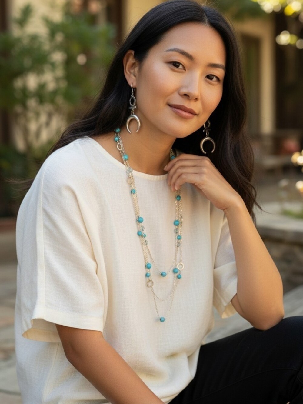 Stunning Boho Chic Multi Layer Turquoise Accent Necklace & Eye Catching Earrings